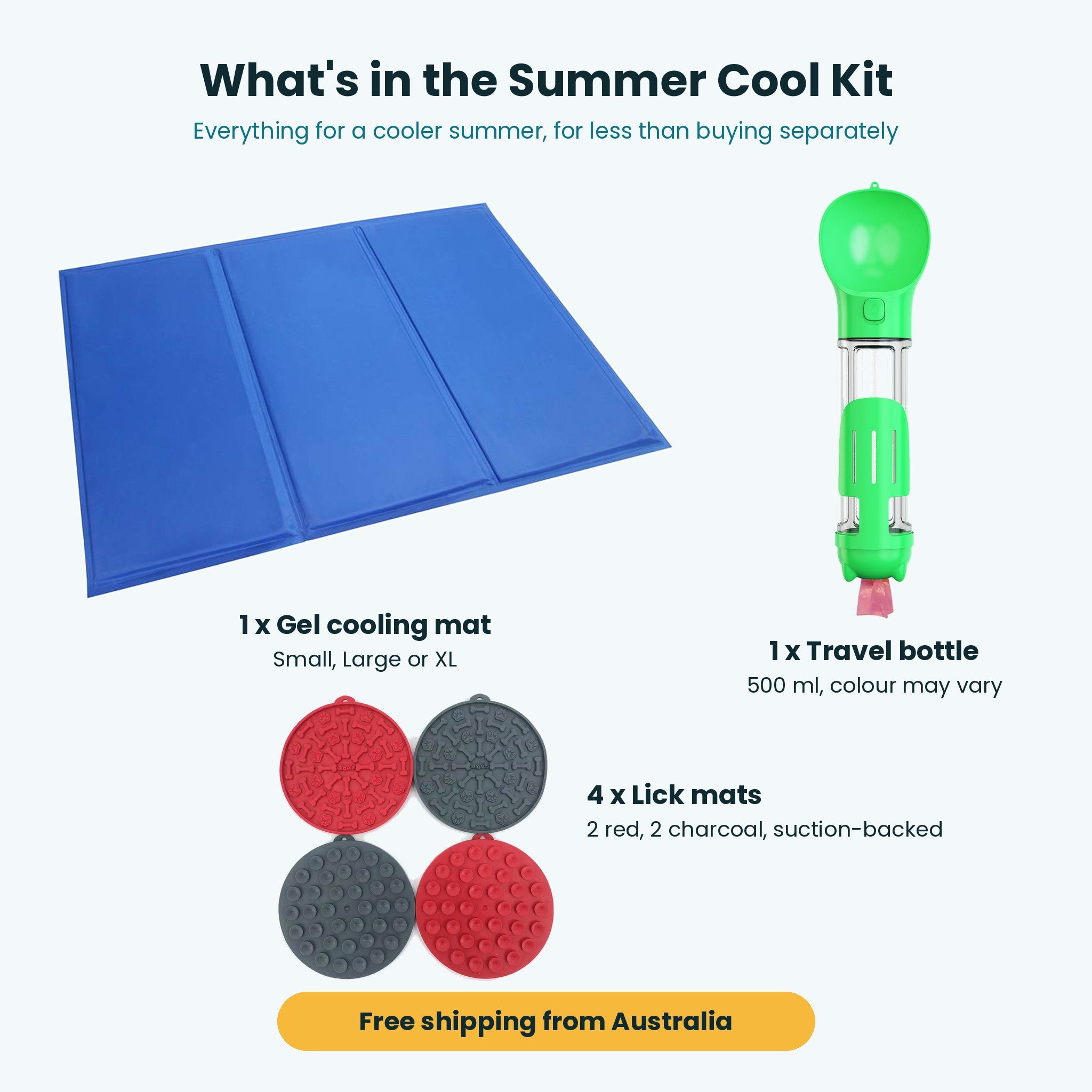 What's in the Summer Cool Kit: cooling mat, 4 lick mats and a travel bottle