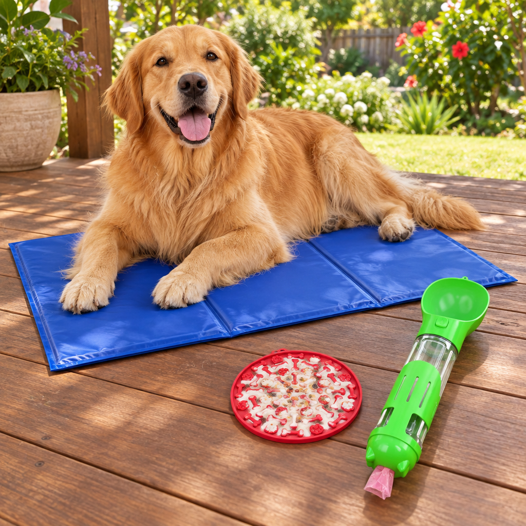 Golden Retriever on the cooling mat with a lick mat and travel water bottle
