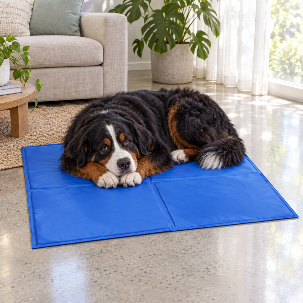 Bernese Mountain Dog resting on the XL gel cooling mat indoors
