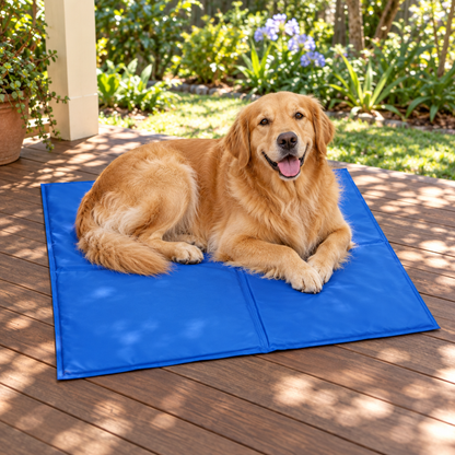 Golden Retriever lying on the XL 95 x 80 cm gel cooling mat on a verandah